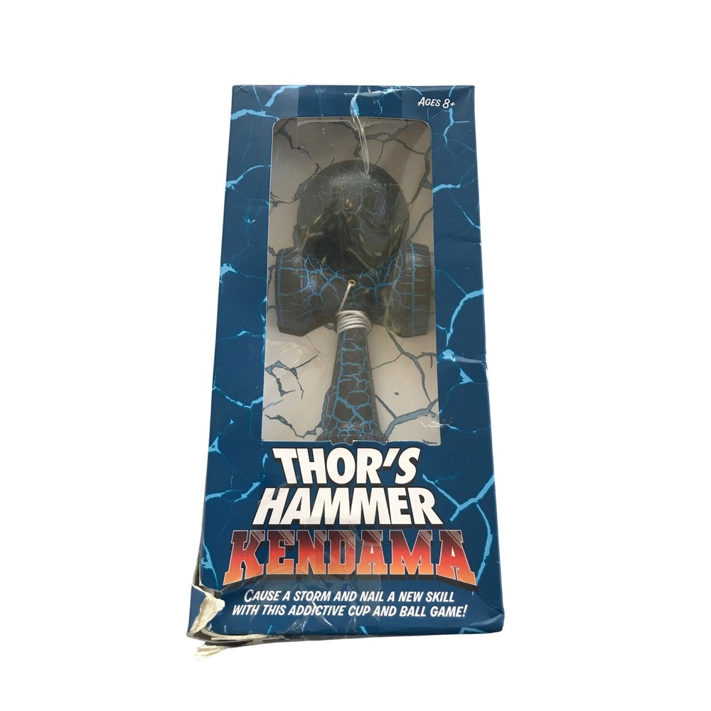 Thors Hammer Kendama Professor Puzzle Wooden Skill Toy Blue Black Crackle Design